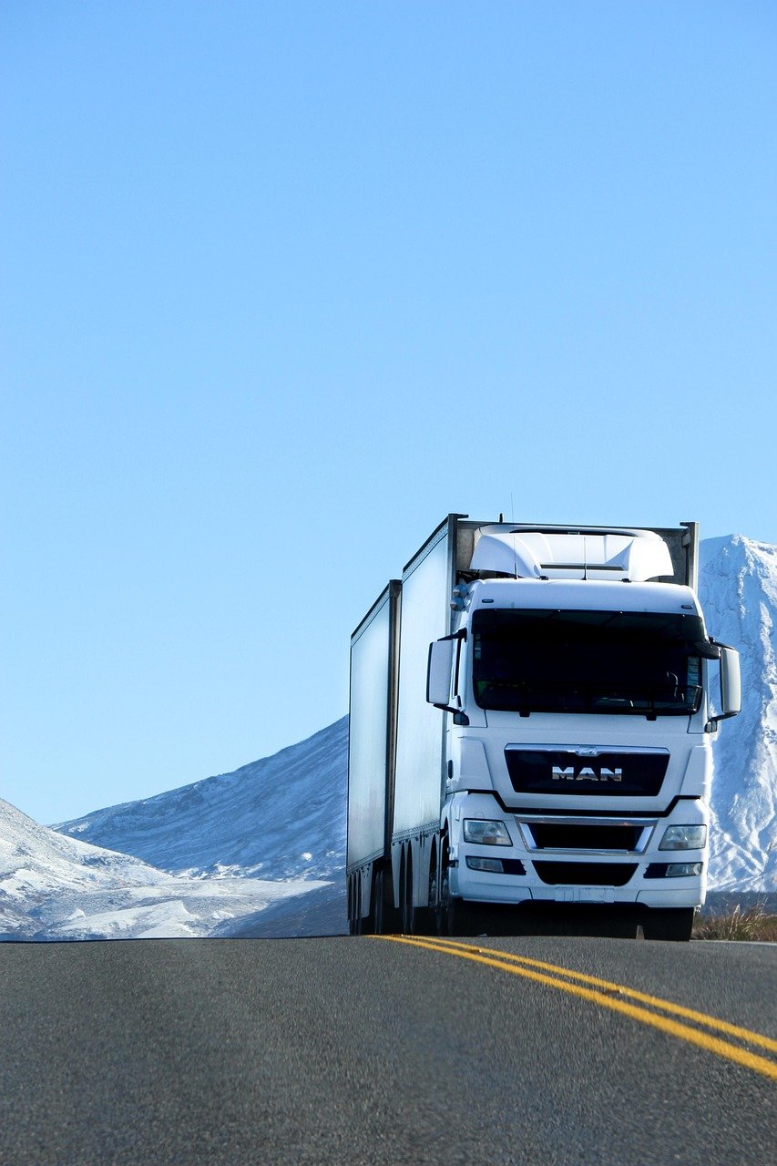 truck, road, vehicle, snow, white, blue, lorry, transport, blue road, nature, blue truck, blue snow